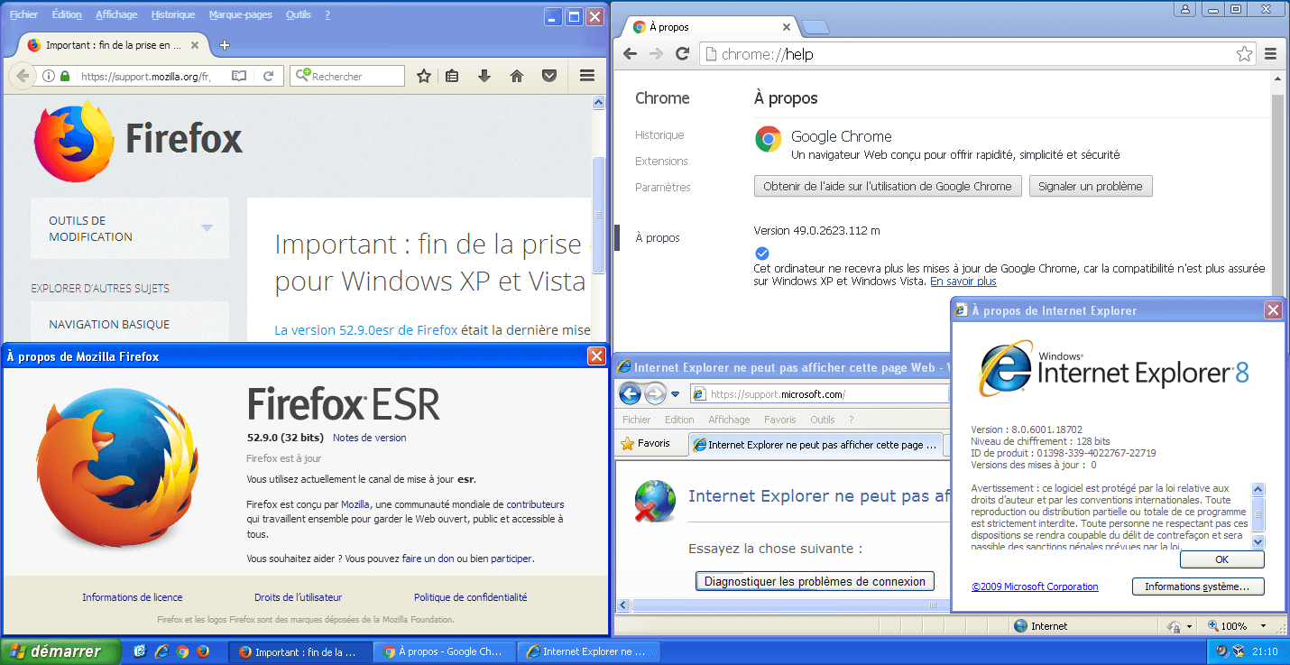 Firefox 52 est la dernière version de Firefox pour Windows XP / Vista